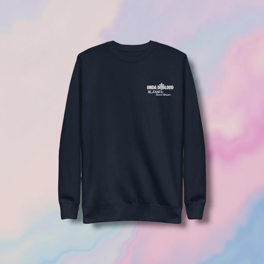 Blessed Beyond Measure The Cross/Unda Di Blood Navy with White Embroidery Unisex Premium Sweatshirt